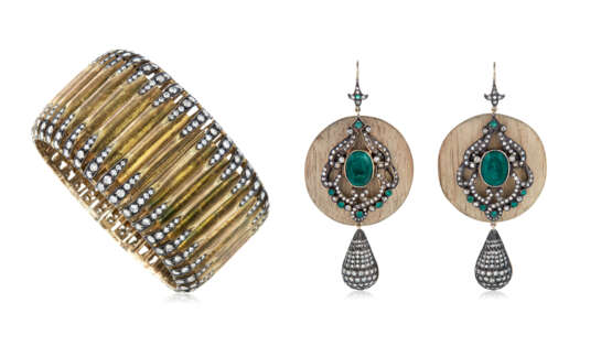 NO RESERVE | DIAMOND AND SILVER BRACELET AND DIAMOND, EMERALD AND WOOD EARRINGS - Foto 1