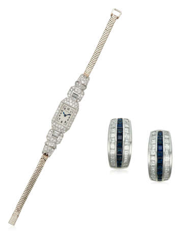 NO RESERVE | DIAMOND WRISTWATCH AND SAPPHIRE AND DIAMOND EARRINGS - photo 1