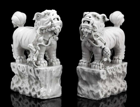 Paar 'Blanc de Chine'-Löwen auf Sockeln mit Felsstruktur - фото 1
