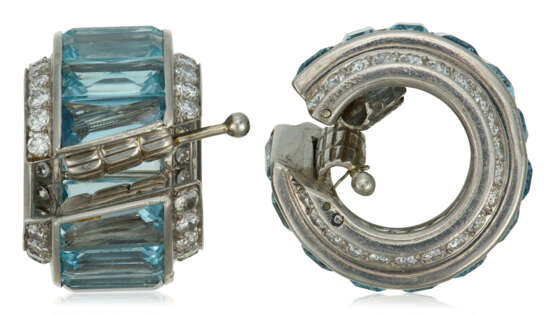 CARTIER ART DECO AQUAMARINE AND DIAMOND HOOP EARRINGS - Foto 3