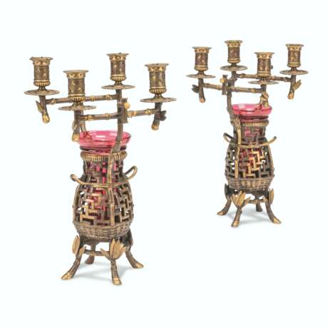 A PAIR OF FRENCH PARCEL-GILT AND PATINATED-BRONZE FOUR-LIGHT CANDLEABRA - фото 1