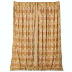 TWO PAIRS OF CREAM GREEN AND PINK FLORAL EMBROIDERED SILK PLEATED CURTAINS