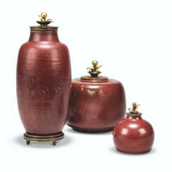THREE ROYAL COPENHAGEN STONEWARE VASES AND PATINATED BRONZE COVERS BY CARL HALIER AND KNUD ANDERSEN