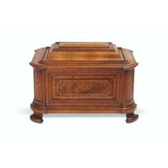 A GERMAN WALNUT, FRUITWOOD, PARQUETRY AND IVORY-INLAID STRONG BOX