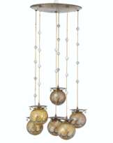 AN AUSTIAN PATINATED-BRASS AND DECORATED GLASS CHANDELIER