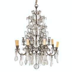 A CONTINENTAL BRONZE, CUT AND MOULDED GLASS EIGHT-LIGHT CHANDELIER