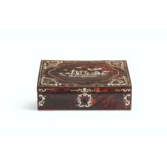 A SOUTH ITALIAN TORTOISESHELL, MOTHER-OF-PEARL, SILVER AND GOLD-INLAID RECTANGULAR PIQUE BOX