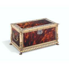 AN INDO-PORTUGUESE GILT-METAL AND SILVER-MOUNTED TORTOISESHELL TABLE CASKET