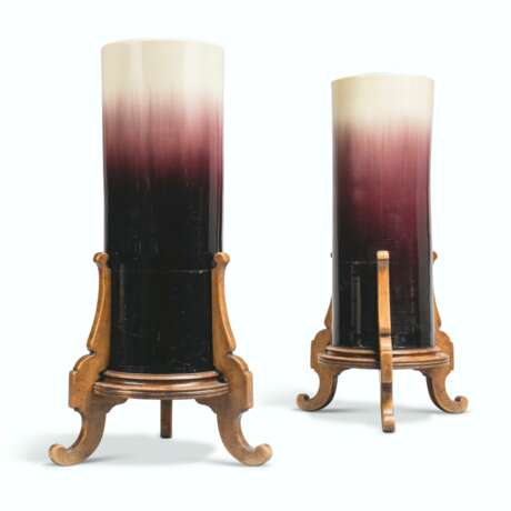 A PAIR OF AUBERGINE AND CREAM GLAZED EARTHENWARE CYLINDRICAL VASES AND STANDS - photo 1