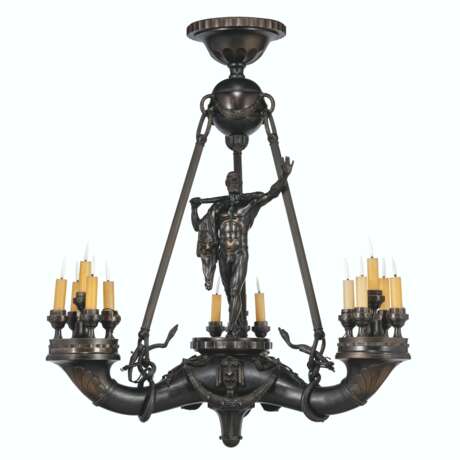 A GERMAN NEOCLASSICAL PATINATED-BRONZE THREE-BRANCH FIFTEEN-LIGHT CHANDELIER - фото 1