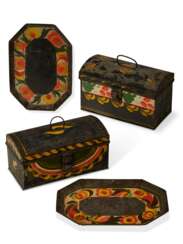 A GROUP OF FOUR BLACK PAINT-DECORATED TOLEWARE ITEMS