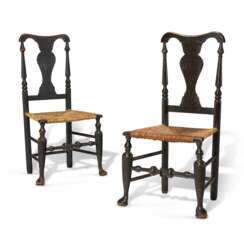 A PAIR OF QUEEN ANNE BLACK-PAINTED MAPLE RUSH-SEAT SIDE CHAIRS