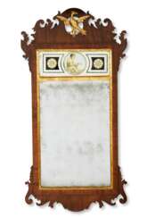 A FEDERAL INLAID MAHOGANY EGLOMISE AND PARCEL GILT LOOKING GLASS