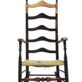 A WILLIAM AND MARY BLACK-PAINTED MAPLE SLAT-BACK ROCKING ARMCHAIR - фото 1