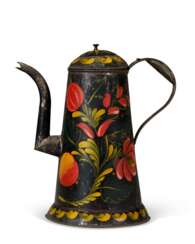 A BLACK PAINT-DECORATED TOLEWARE COFFEE POT