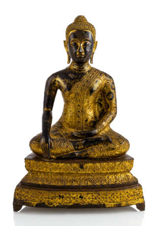 Bronze des Buddha Shakyamuni im Meditationssitz mit schwarzer und goldfarbener Lackfassung - Foto 1