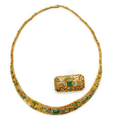 Gold-Smaragd-Collier und Brosche