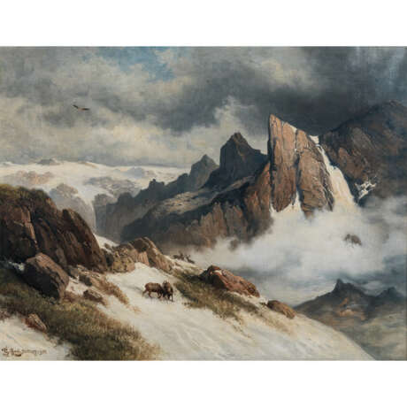 HOFFMANN, GEORG (auch Hoffmann-Salon, Maler 19./20. Jh.), "Kämpfende Hirsche im Hochgebirge in Norwegen", - фото 1