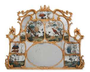 A GEORGE II GILTWOOD OVERMANTEL MIRROR INSET WITH CHINESE EXPORT REVERSE MIRROR PAINTINGS