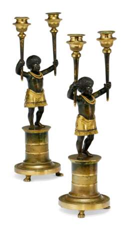 A PAIR OF DIRECTOIRE ORMOLU AND PATINATED BRONZE TWIN-BRANCH CANDELABRA - photo 1