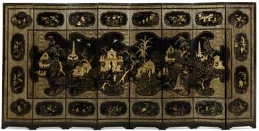 A CHINESE GILT-DECORATED BLACK LACQUER EIGHT-PANEL FOLDING SCREEN