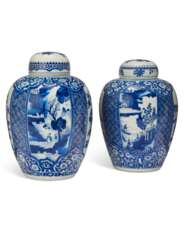 A PAIR OF CHINESE PORCELAIN BLUE AND WHITE JARS AND TWO COVERS