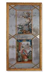 A GEORGE III GILTWOOD PIER MIRROR INSET WITH CHINESE EXPORT REVERSE MIRROR PAINTINGS