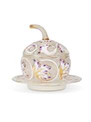 A FRENCH ENAMELED AND GILT WHITE OVERLAY GOURD-SHAPED LIDDED GLASS BOX AND STAND
