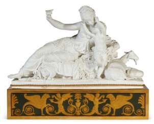 A PARIS (DIHL) BISCUIT PORCELAIN BACCHANALIAN FIGURE GROUP AND FAUX PATINATED-BRONZE STAND