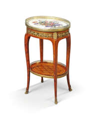 A LOUIS XV-STYLE PORCELAIN AND ORMOLU-MOUNTED KINGWOOD AND MARQUETRY OCCASIONAL TABLE