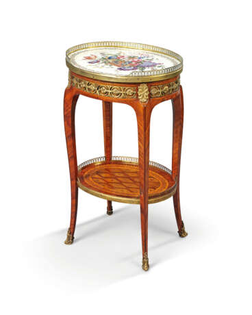 A LOUIS XV-STYLE PORCELAIN AND ORMOLU-MOUNTED KINGWOOD AND MARQUETRY OCCASIONAL TABLE - photo 1