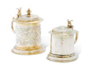 TWO GERMAN PARCEL-GILT SILVER MINIATURE TANKARDS