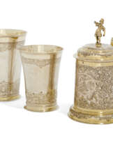 TWO GERMAN PARCEL-GILT SILVER BEAKERS AND A TANKARD