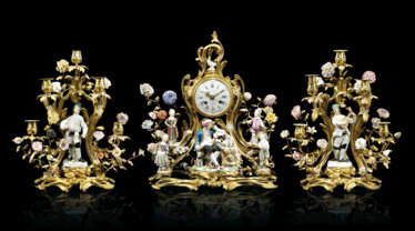A LOUIS XV STYLE ORMOLU AND MEISSEN PORCELAIN GARNITURE WITH MANTEL CLOCK 