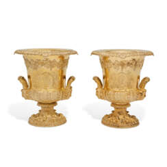  A PAIR OF GEORGE IV SILVER-GILT WINE COOLERS, COLLARS AND LINERS