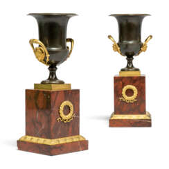 A PAIR OF EMPIRE ORMOLU, PATINATED-BRONZE AND MARBLE VASES