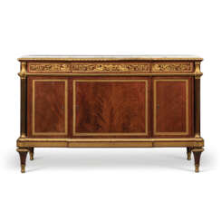 A LOUIS XVI STYLE ORMOLU MOUNTED MAHOGANY AND VEINED WHITE MARBLE TOP COMMODE