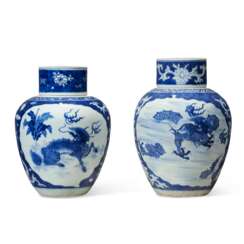 TWO CHINESE EXPORT PORCELAIN BLUE AND WHITE 'HATCHER CARGO' GINGER JARS AND COVERS