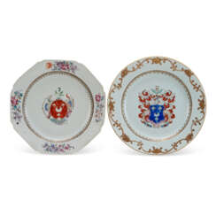 TWO CHINESE EXPORT PORCELAIN ENGLISH MARKET ARMORIAL 'MISTAKE' PLATES