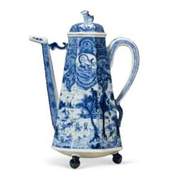 A CHINESE EXPORT BLUE AND WHITE PORCELAIN EUROPEAN SUBJECT COFFEE-POT AND COVER