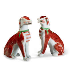 A PAIR OF CHINESE EXPORT PORCELAIN IRON-RED HOUNDS