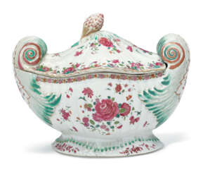 A CHINESE EXPORT PORCELAIN FAMILLE ROSE ROCOCO SOUP TUREEN AND COVER