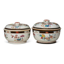 TWO CHINESE EXPORT PORCELAIN FAMILLE ROSE SOUP TUREENS AND COVERS