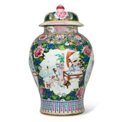 A LARGE CHINESE EXPORT PORCELAIN FAMILLE ROSE JAR AND A COVER