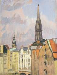 Paul Kayser (Hamburg 1869 - Donaueschingen 1942). Nikolaikirchturm und Rathausturm.