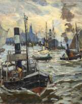 Eugen Dekkert (Stettin 1865 - Garmisch-Partenkirchen 1956). Reger Verkehr im Hamburger Hafen.