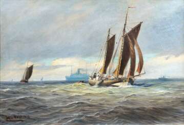Johannes Holst (Hamburg-Altenwerder 1880 - Hamburg-Altenwerder 1965). Fischerboote und Ozeandampfer.