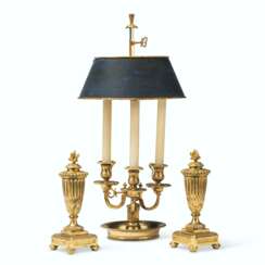 A DIRECTOIRE ORMOLU LAMPE BOUILLOTTE AND A PAIR OF LOUIS XVI ORMOLU CASSOLETTES