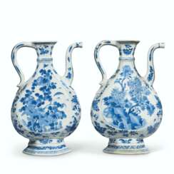 TWO CHINESE BLUE AND WHITE PORCELAIN EWERS