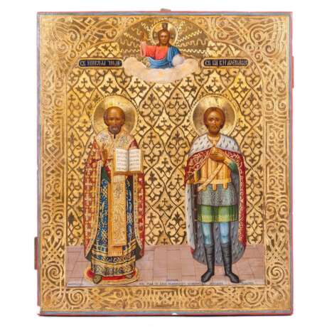 Редкая подписная икона Святой Николай Чудотворец и Святой Князь Александр Невский - Foto 1